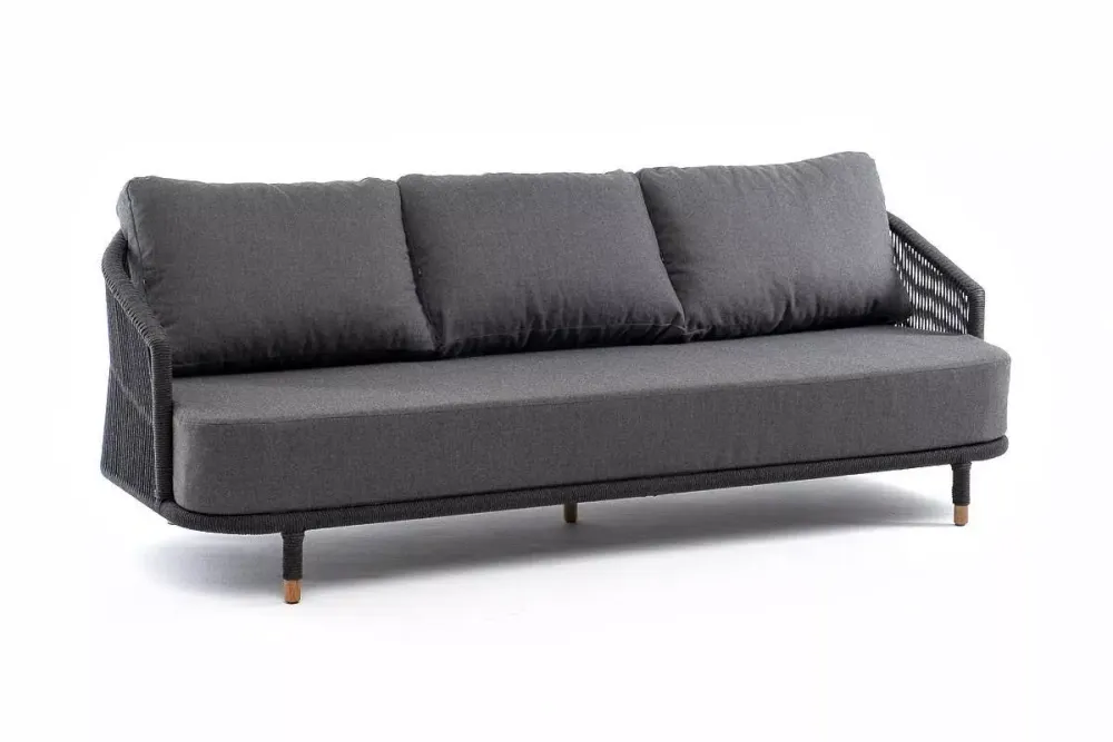 "Верона" диван 3-местный плетеный из роупа, каркас алюминий темно-серый (RAL7024) муар, роуп темно-серый круглый, ткань темно-серая 027