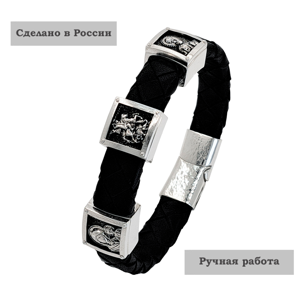 Православный браслет из кожи и серебра Лики ГП магнит 12х5ч