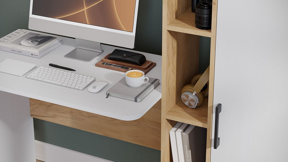 Стол письменный с полками и шкафом Дуб Крафт золотой/Белый Ясень 133,4х50х135 см