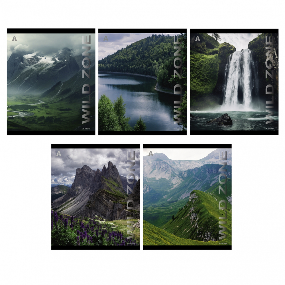 Тетрадь 36 л., А5, линия, Alingar, "Wild zone", скрепка, офсет, мелованная бумага, 5 дизайнов в пленке т/у