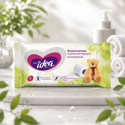 Fresh idea Влажная ДЕТСКАЯ РАСТВОРЯЮЩАЯСЯ туалетная бумага 40шт, 13*17см гипоаллерг., без отдушек