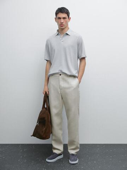 Massimo Dutti Футболка-поло с коротким рукавом из смесового льна, светло-голубой