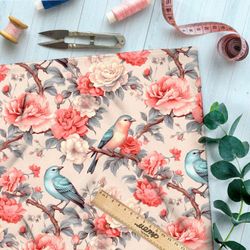 Ткань премиум интерлок певчие птицы в саду