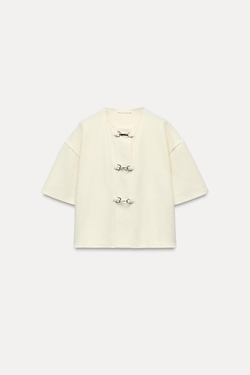 ZARA ТОП С КОРОТКИМИ РУКАВАМИ И ПРЯЖКАМИ, ЭКРЮ