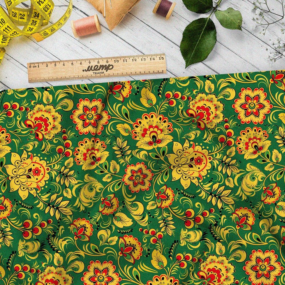 Ткань оксфорд 600 хохлома на зелёном