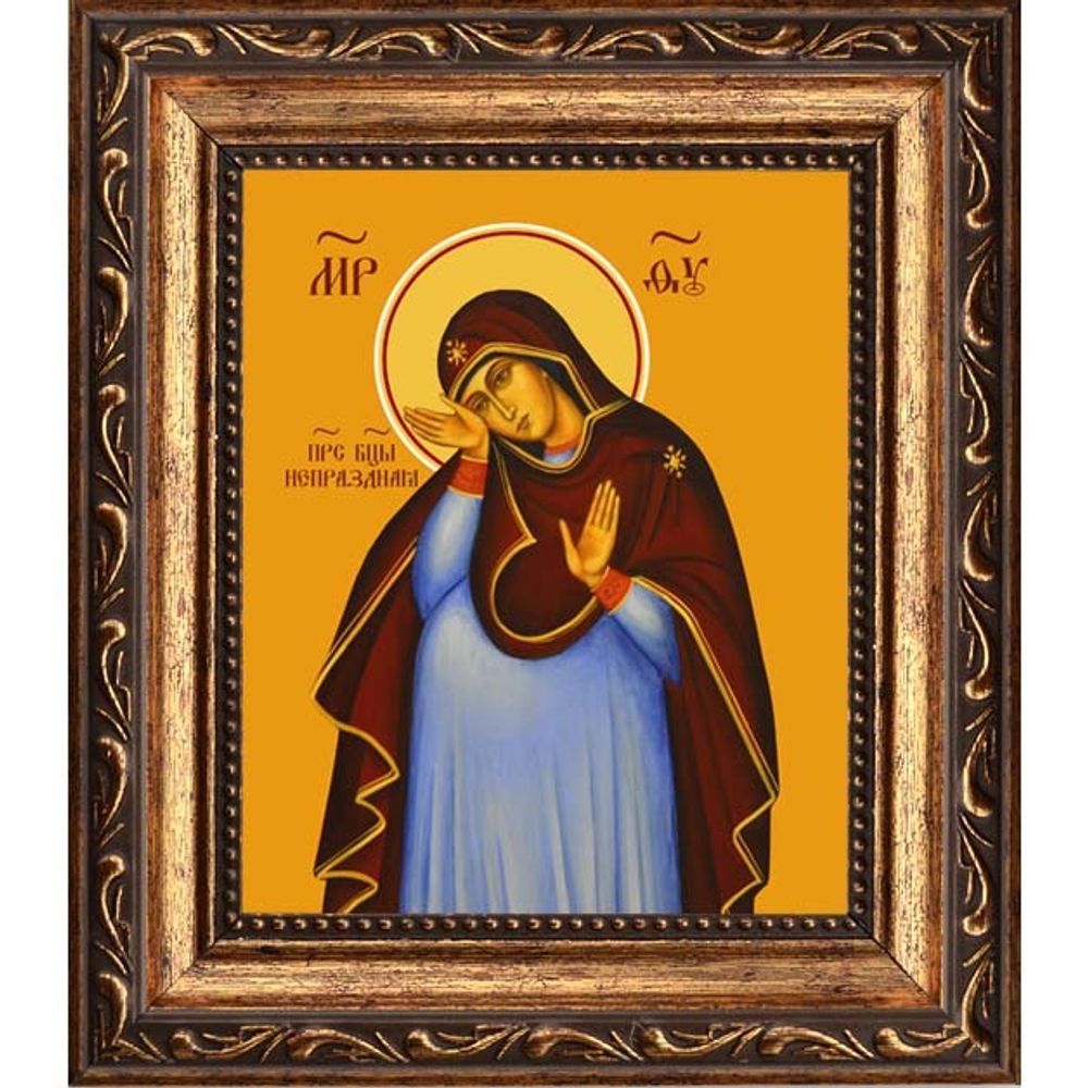 Непраздная Богородица. Икона беременной Божией матери на льняном холсте.