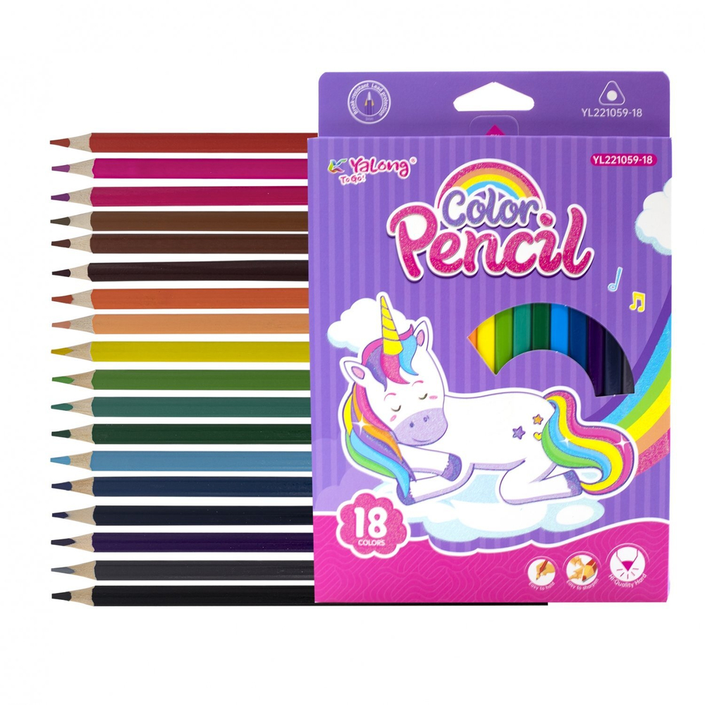 Карандаши цветные Yalong 18 цв., "Единорог" деревянные, трехгранные, заточнные, грифель 3.0 мм, картон. уп., европодвес