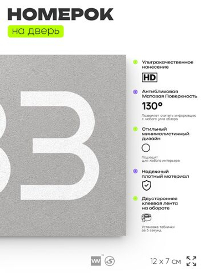 Номер на дверь 633, табличка на дверь для офиса, квартиры, кабинета, аудитории, склада, серая 120х70 мм, Айдентика Технолоджи
