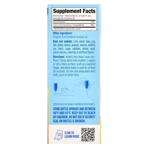 Ddrops, Baby, органический жидкий витамин D3, 400 МЕ, 90 капель, 2,5 мл (0,08 жидк. унции)