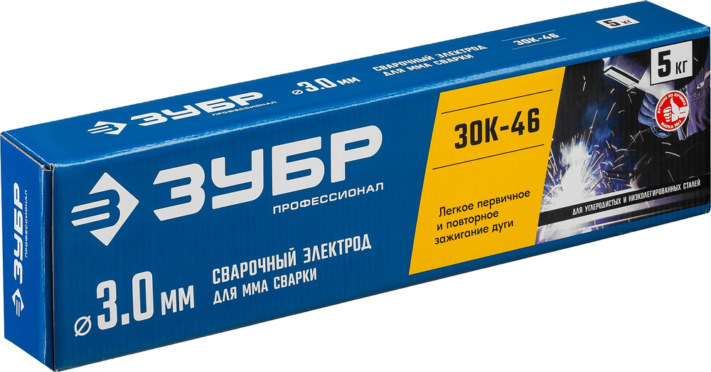 ЗУБР Д 3.0 х 350 мм, 5 кг в коробке, ЗОК-46 рутил-целлюлозный, электрод сварочный, Профессионал (40035-3.0)