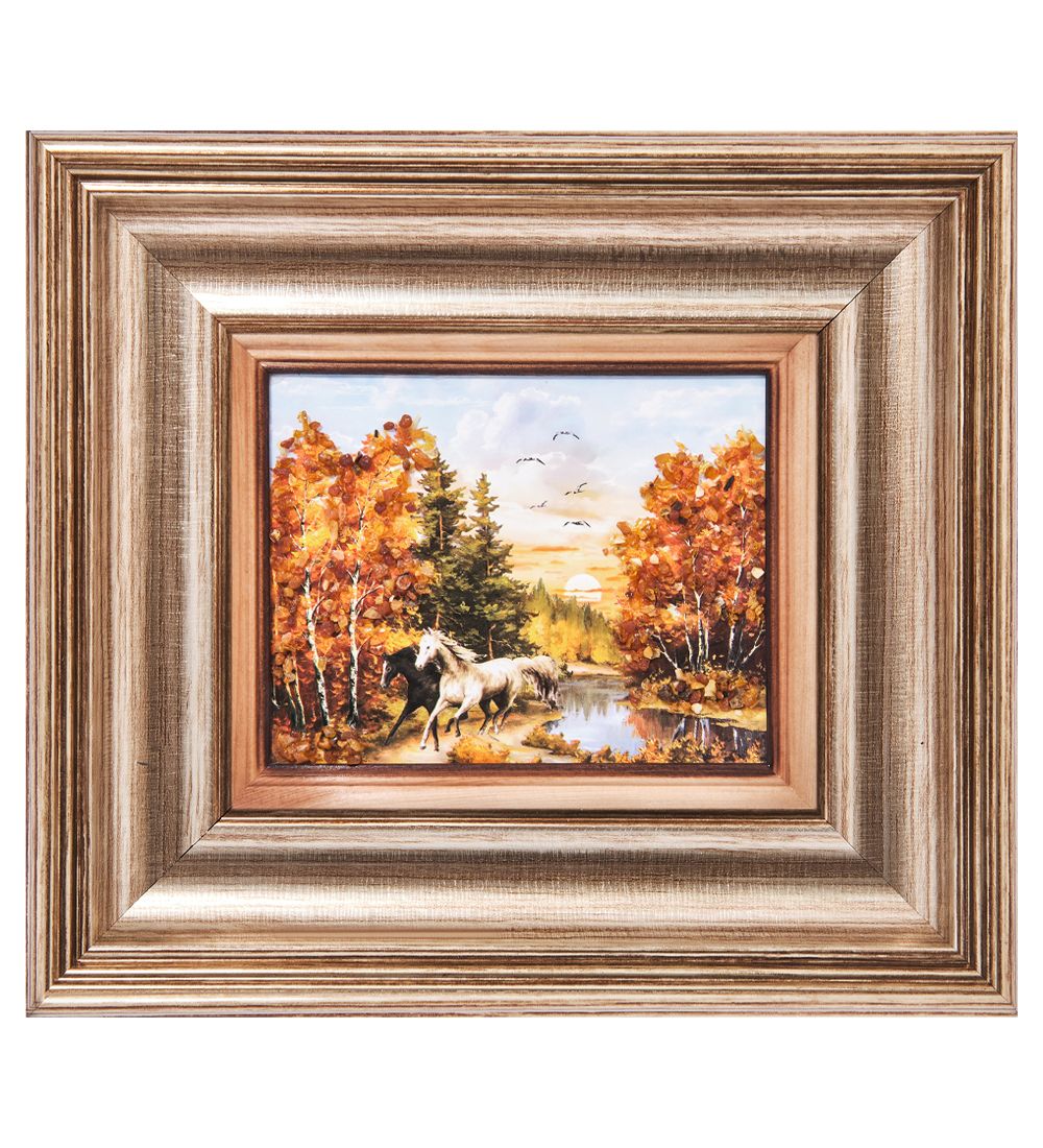 AMB-04/27 Картина «Лошади» (с янтарной крошкой) L-18см