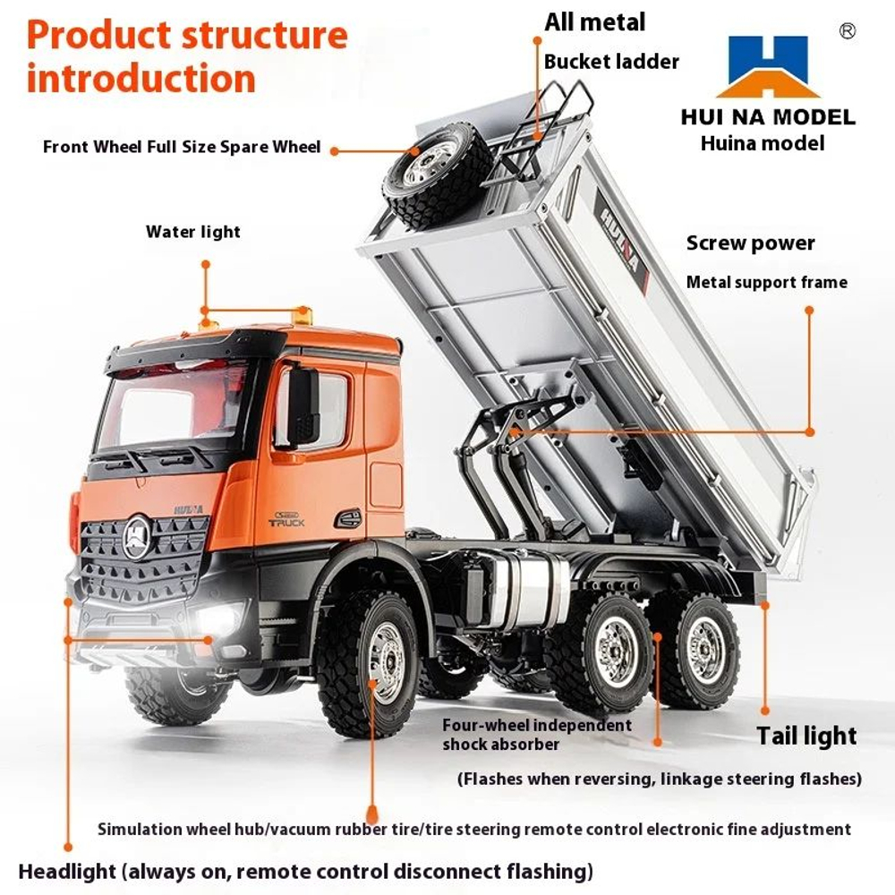 Радиоуправляемый самосвал HUINA HN1598 масштаб 1/14 , 2,4 ГГц , 6WD, 14-канальная радиоуправляемая модель самосвала , металл , новинка 2024г