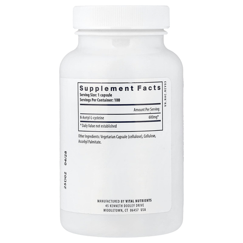 Vital Nutrients, NAC, 600 мг, 100 веганских капсул