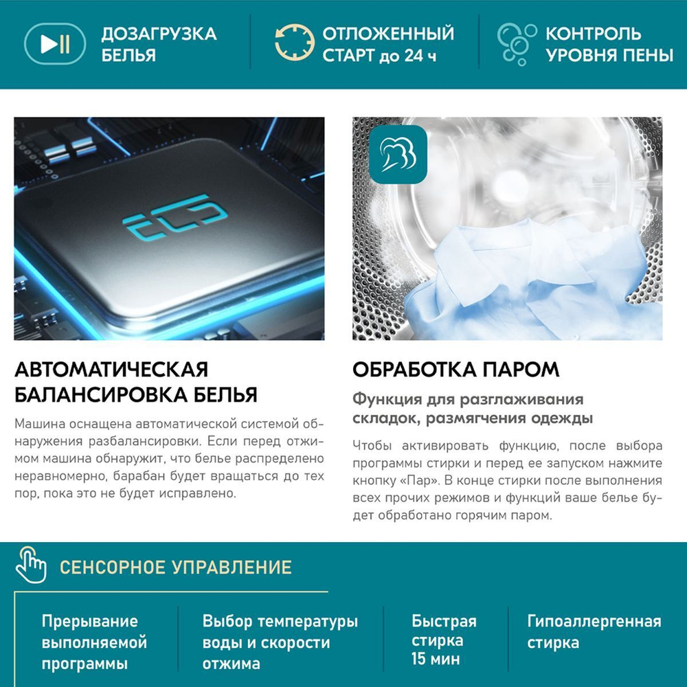 Стиральная машина Centek CT-1973 (серая) 7кг, 1200 об, 10 программ, A++, LED-Дисплей, автоматическая балансировка белья, обработка паром, гипоаллергенная стирка