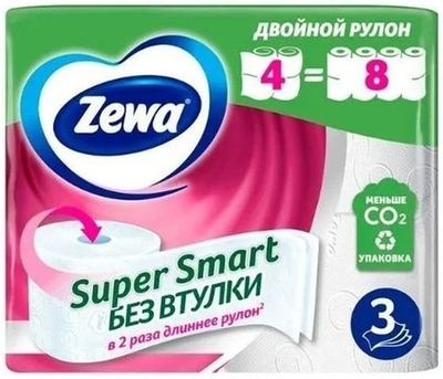 Т/бумага Zewa Super Smart 3-х сл. 4шт.б/втулки