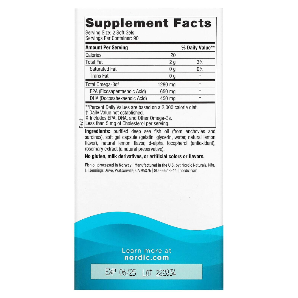 Nordic Naturals, Ultimate Omega, со вкусом лимона, 180 капсул (640 мг в 1 капсуле)