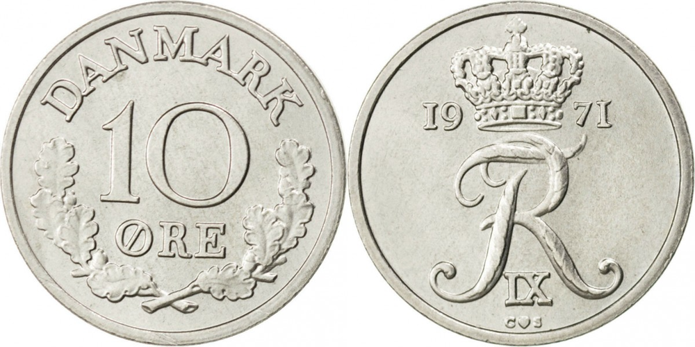 Дания 10 эре, 1960-1972 Король Фредерик IX XF