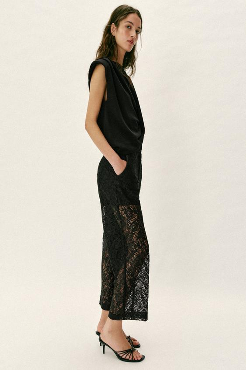 ZARA БРЮКИ ПРЯМОГО КРОЯ С КРУЖЕВОМ, ЧЕРНЫЙ