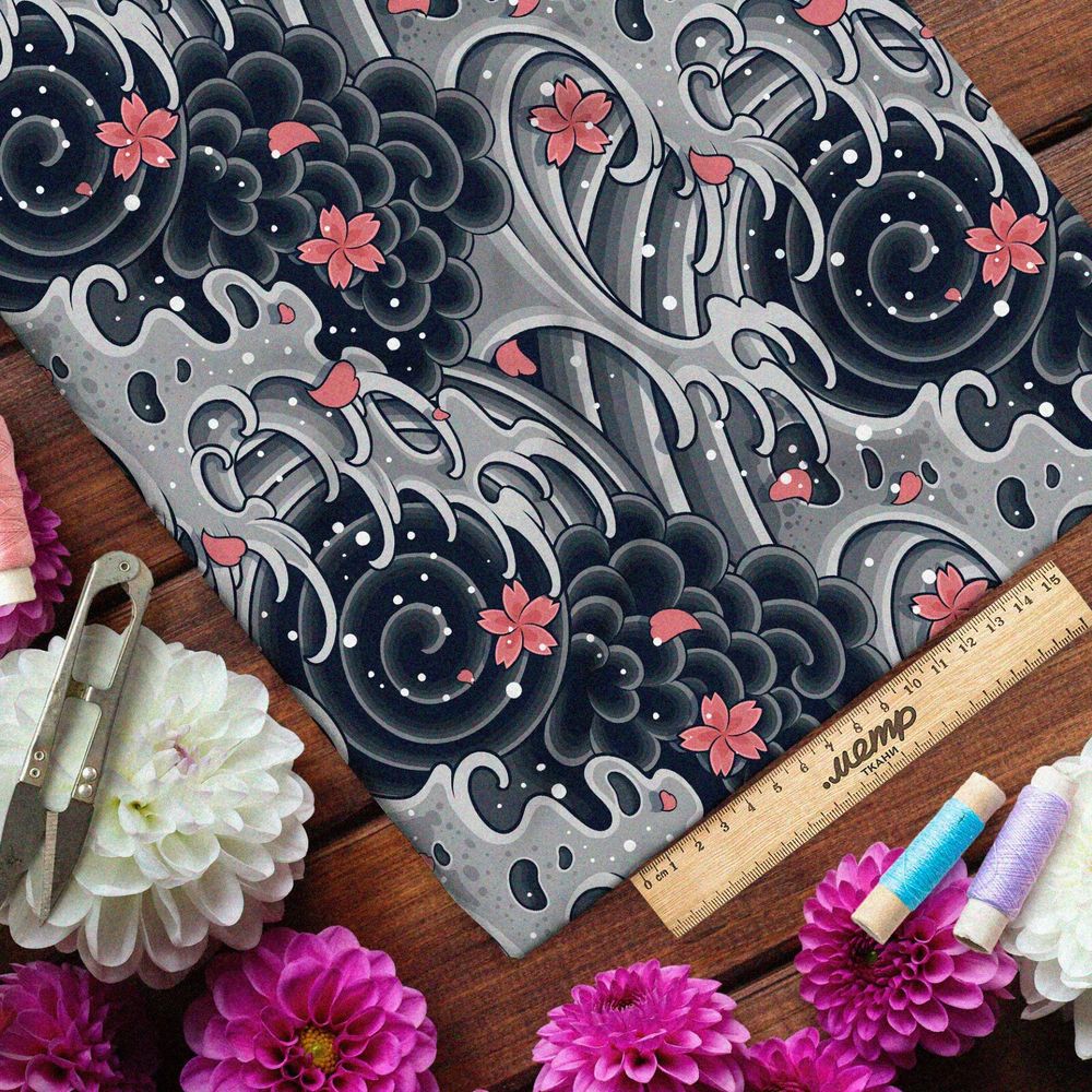 Ткань атлас мрачное море и сакура