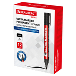 Маркер перманентный ULTRA MARKER, 12 шт. ЧЕРНЫЙ, 3,5 мм, с клипом, BRAUBERG.