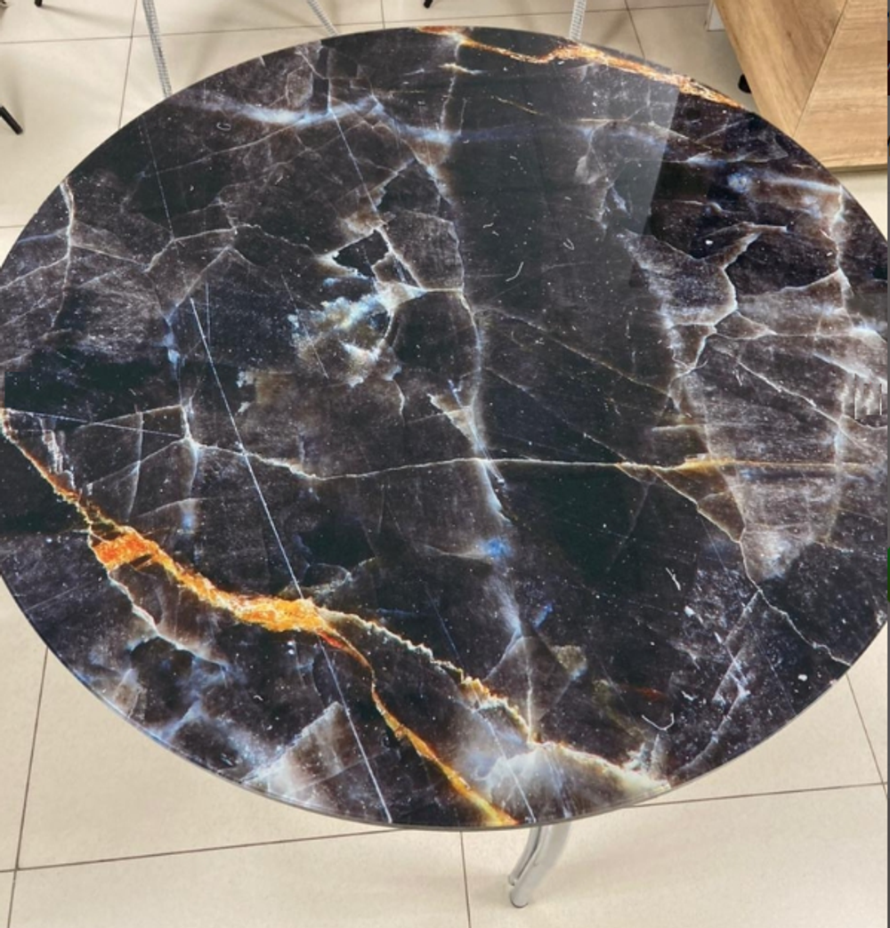 Стол неразд стеклянный Круг подстолье чайка хром Мрамор Черный