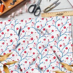 Ткань футер 2-х нитка узорные веточки с красными цветами