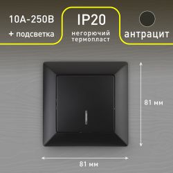 Выключатель Intro Solo 4-102-05 одноклавишный с подсветкой, 10А-250В, IP20, СУ, антрацит