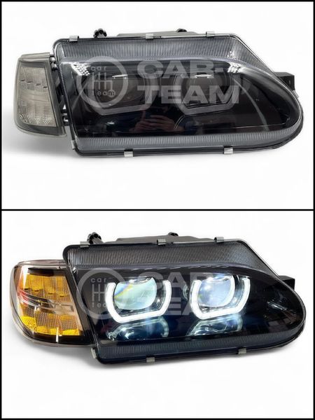 Фары ВАЗ 2114, 2115, 2113 передние тюнинг в стиле BMW 4 led модуля, черная маска, тонированные поворотники