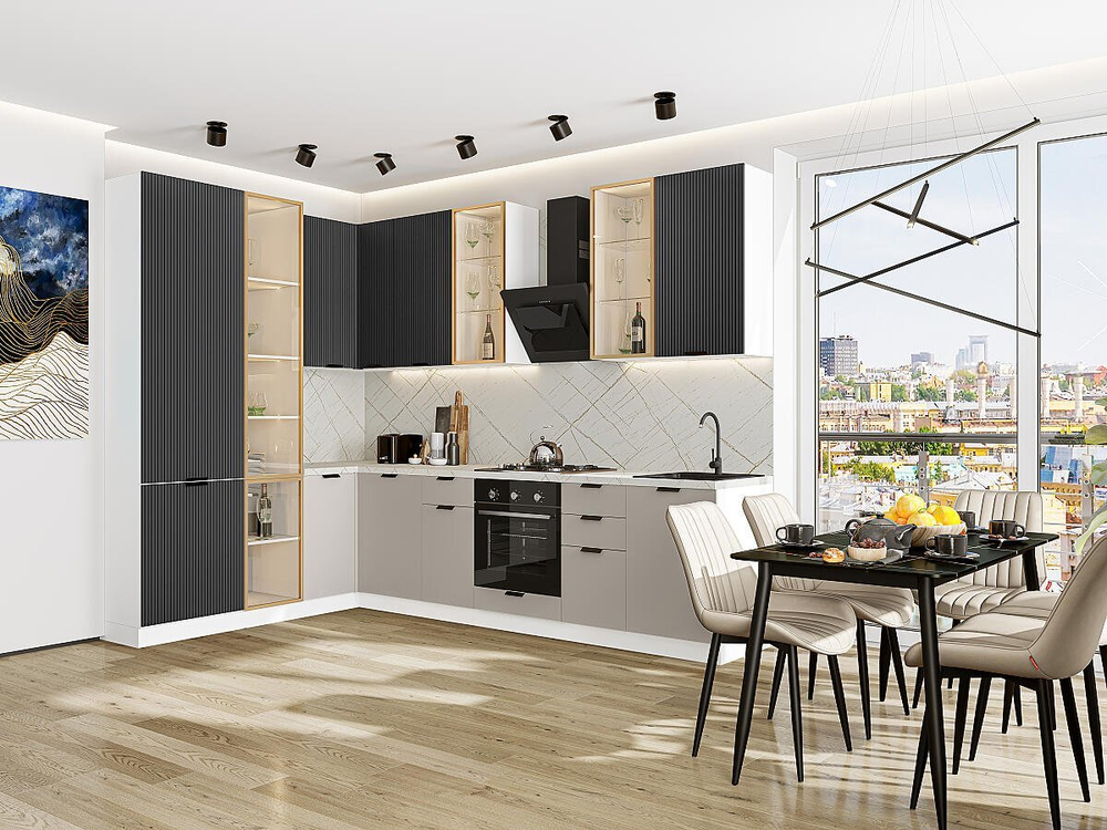 Прямая модульная кухня Евро Лайн-07 Антрацит/Агат - Белый 2340*2000/3000*600