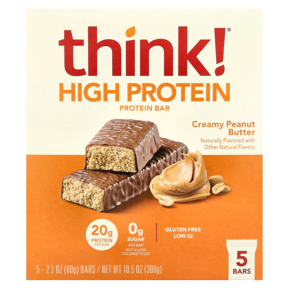 Think !, Высокопротеиновые батончики, арахисовая крем-паста, 5 батончиков, 60 г (2,1 унции) каждый