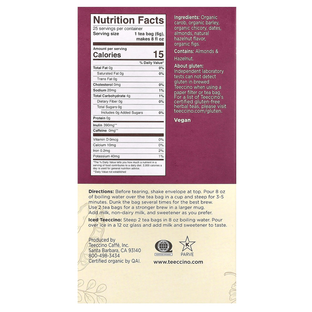 Teeccino, чай из обжаренных трав, вкус лесного ореха, без кофеина, 25 чайных пакетиков, 150 г (5,3 унции)