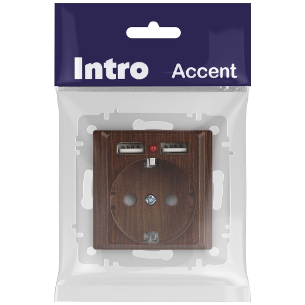 Розетка Intro Accent 6-410-10 с заземлением 2P+E Schuko со шторками 16А-250В + 2хUSB IP20 СУ венге | Intro