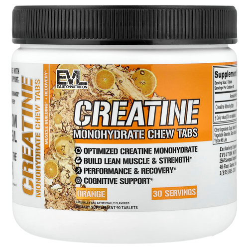 EVLution Nutrition, жевательные таблетки с моногидратом креатина, апельсин, 90 таблеток