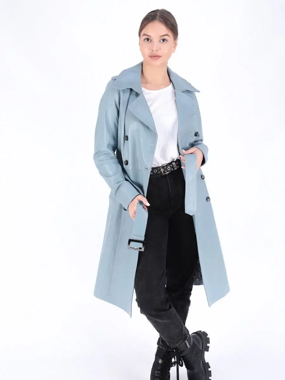 Тренч длинный кожаный с поясом плащ на весну