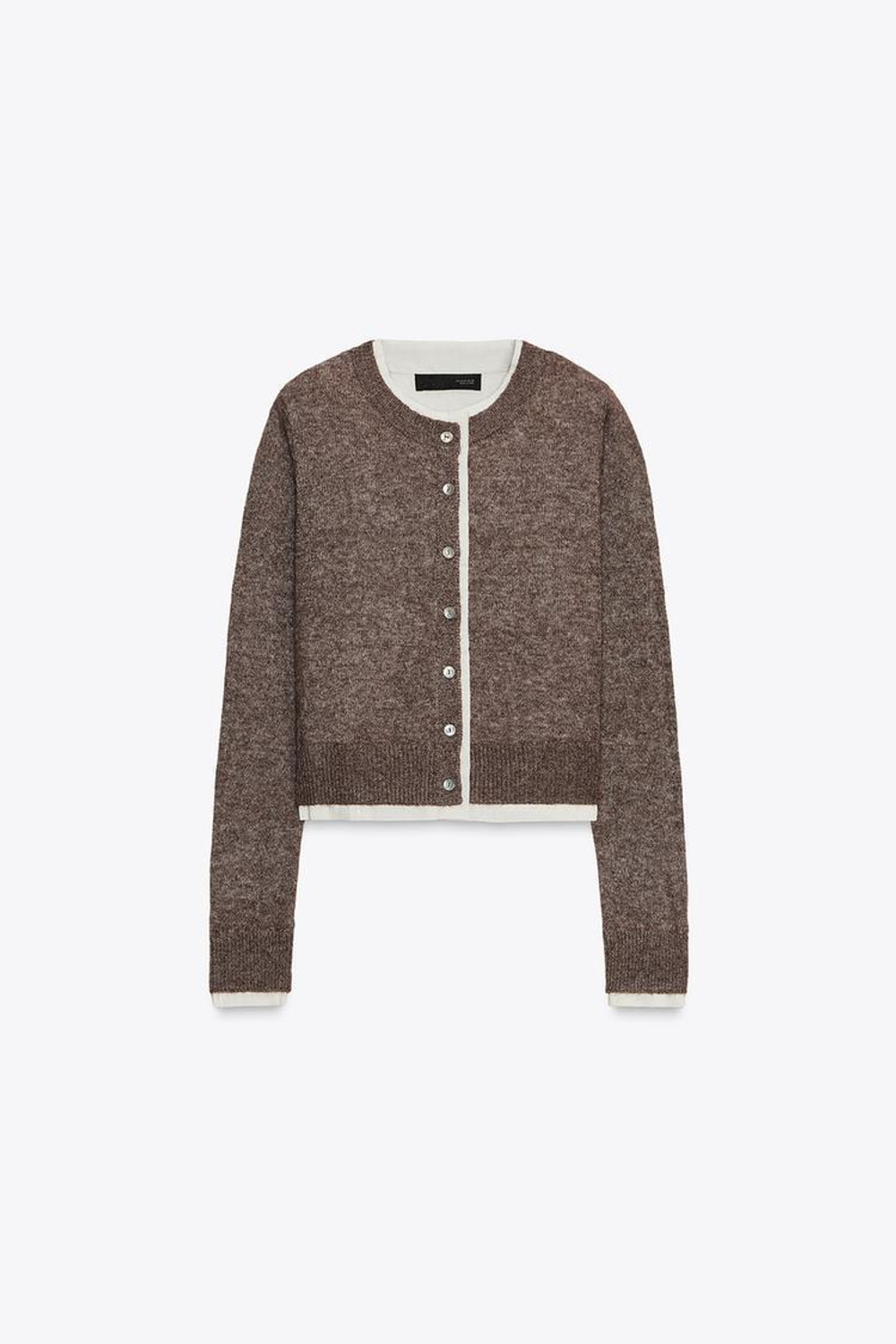 ZARA КАРДИГАН СО СТАВКАМИ ИЗ КОНТРАСТНОЙ ТКАНИ, СЕРО-КОРИЧНЕВЫЙ