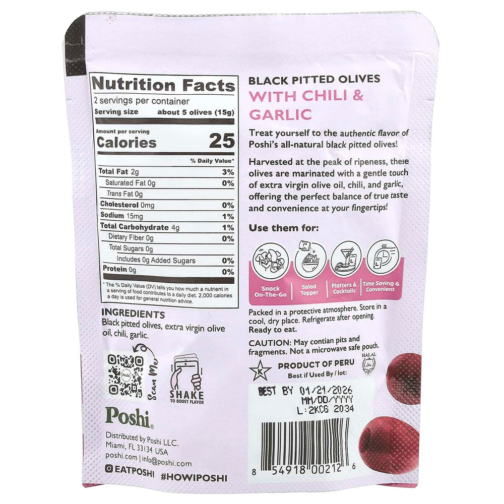Poshi, Snacks, черные оливки премиального качества, перец чили и чеснок, 30 г (1,1 унции)