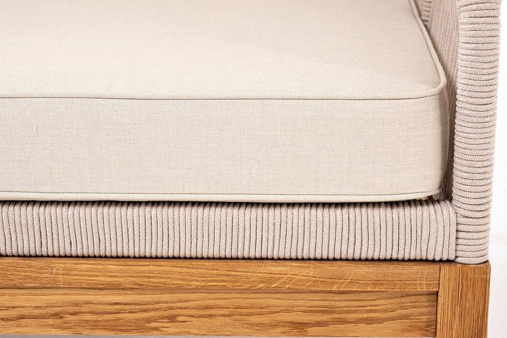 "Канны" левый модуль плетеный из роупа, основание дуб, роуп бежевый круглый, ткань бежевая 052