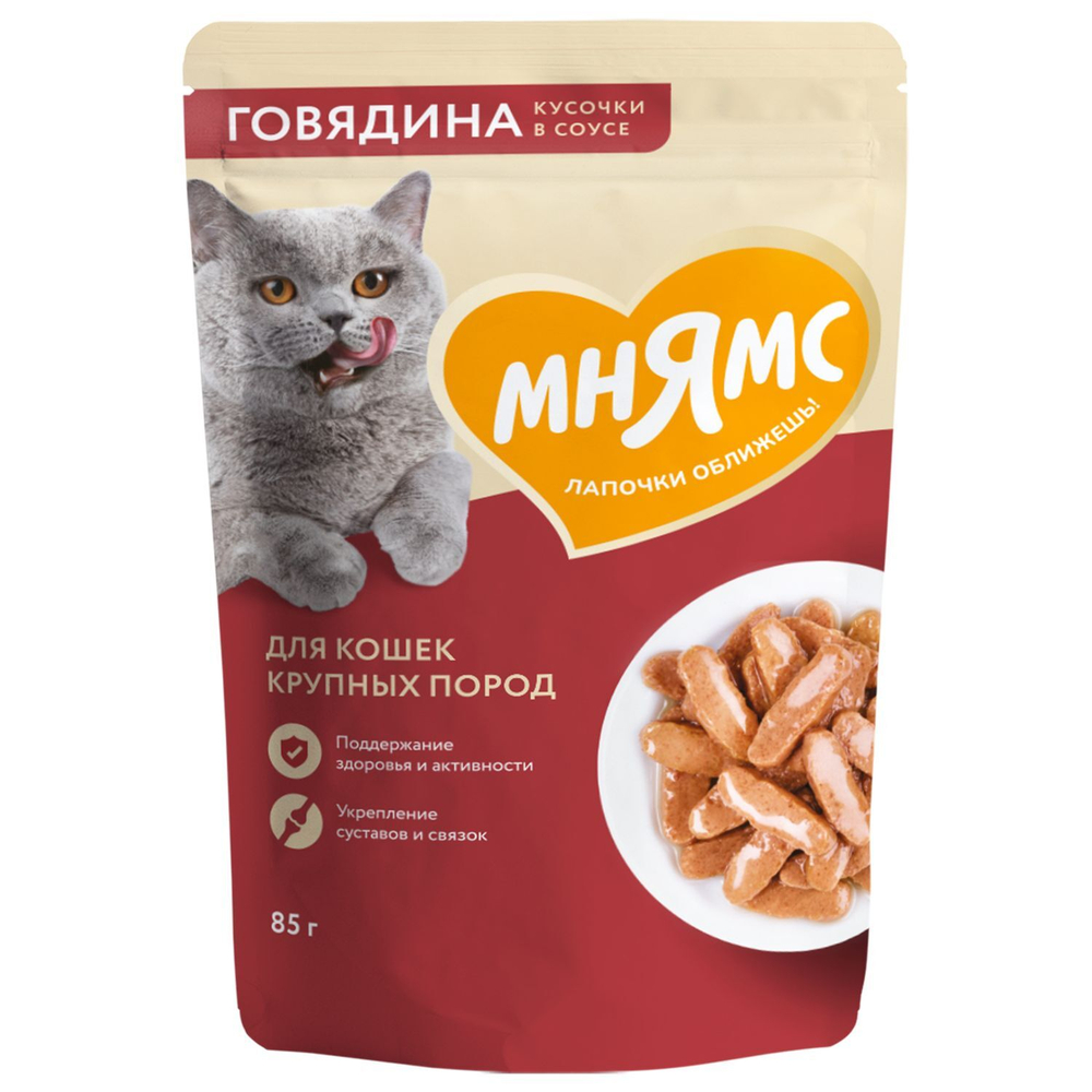 Влажный корм Мнямс Кусочки в соусе с говядиной для крупных кошек  85г