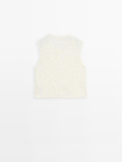 Massimo Dutti Топ из кружева кроше ажурной вязки с цветочным принтом, кремовый