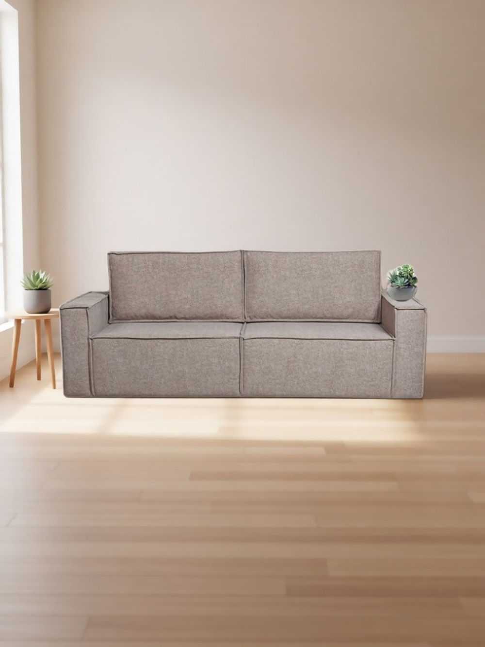 Диван-кровать Сатурн в стиле ЛОФТ ткань Ева 24 (серо-бежевый), велюр, механизм Еврокнижка, спальное место 202х155 см, пружинный блок Боннель, ниша для белья, широкие подлокотники