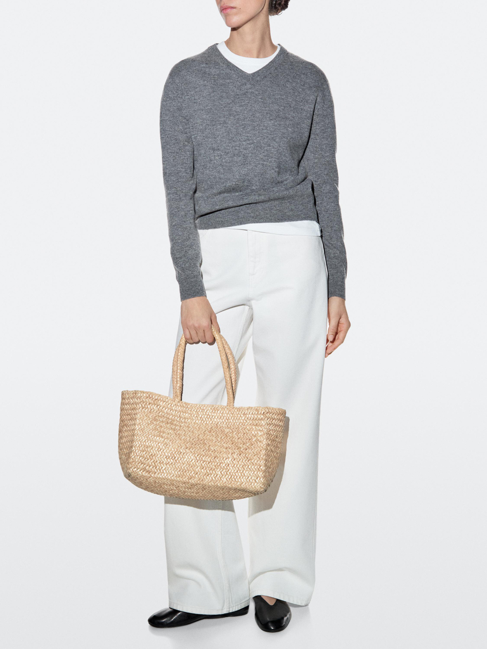 Massimo Dutti Плетеная сумка-тоут среднего размера, кремовый