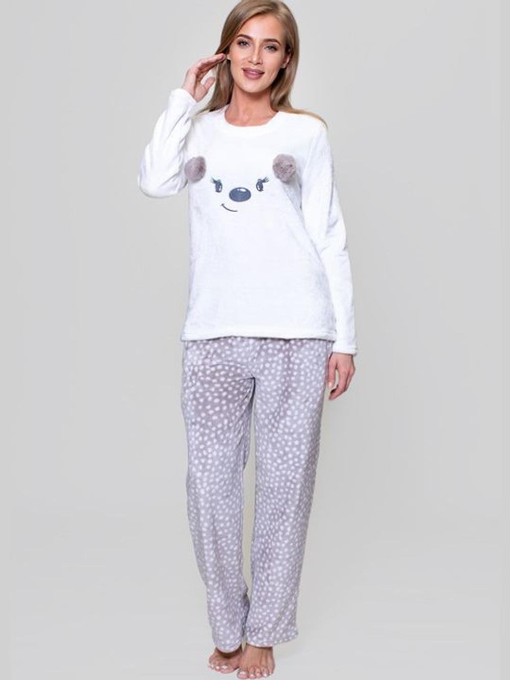 Уютный комплект из микрофибры с прямыми брюками (Размер: M) (Цвет: белый с серым)