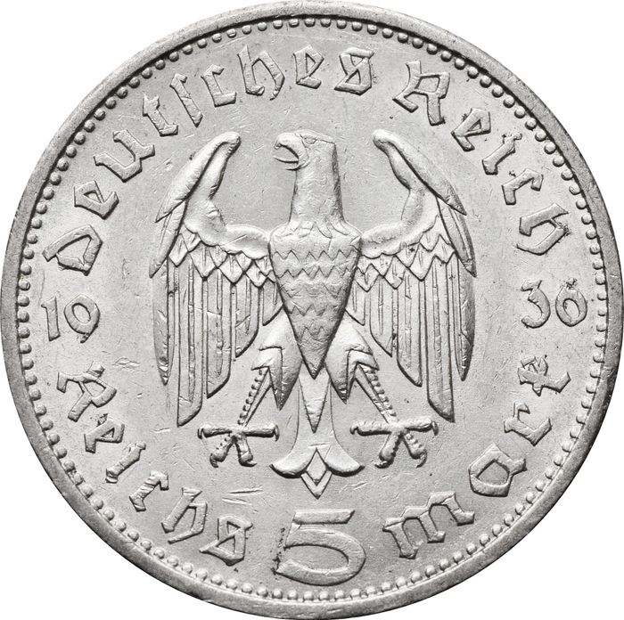 5 рейхсмарок 1936 Германия (Третий Рейх) "A", Орел без свастики (Гинденбург)