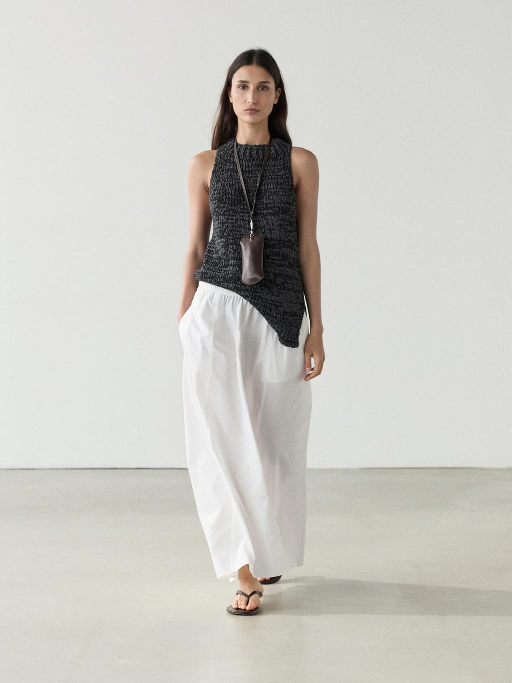 Massimo Dutti Длинная юбка из поплина со сборками, белый