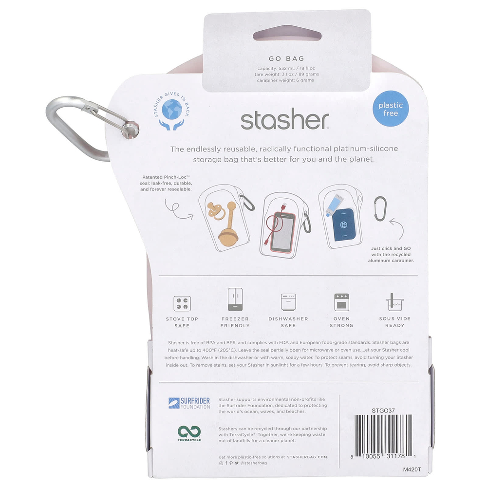 Stasher, Stasher, Go Bag, розовый, 1 пакетик, 532 мл (18 жидк. унц.)