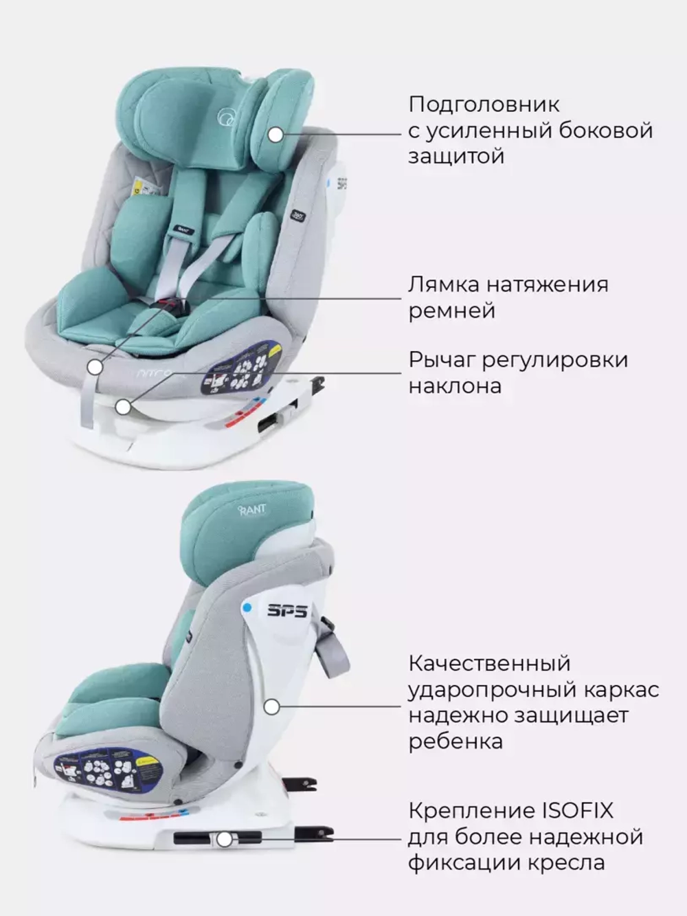 Автокресло RANT UB619 "NITRO" isofix Grey/Mint группа 0+-1-2-3  (0-36 кг)