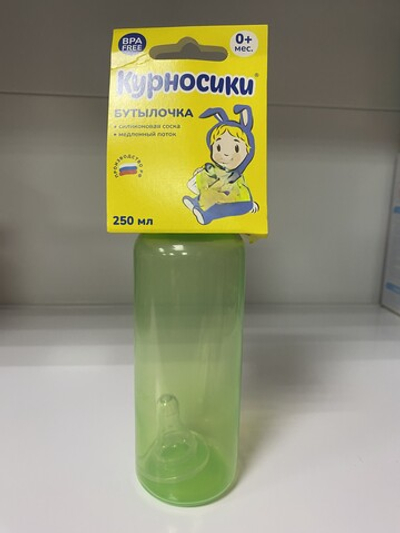 Бутылочка для кормления "Курносики" с силиконовой соской медленный поток с рождения объемом 250 мл, цвет зеленый