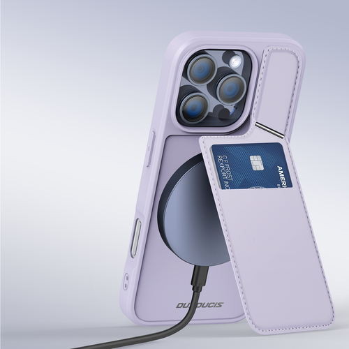 Чехол фиолетового цвета с поддержкой MagSafe и подставкой-картхолдером от Dux Ducis для iPhone 16 Pro, серия Rafi II Mag Series