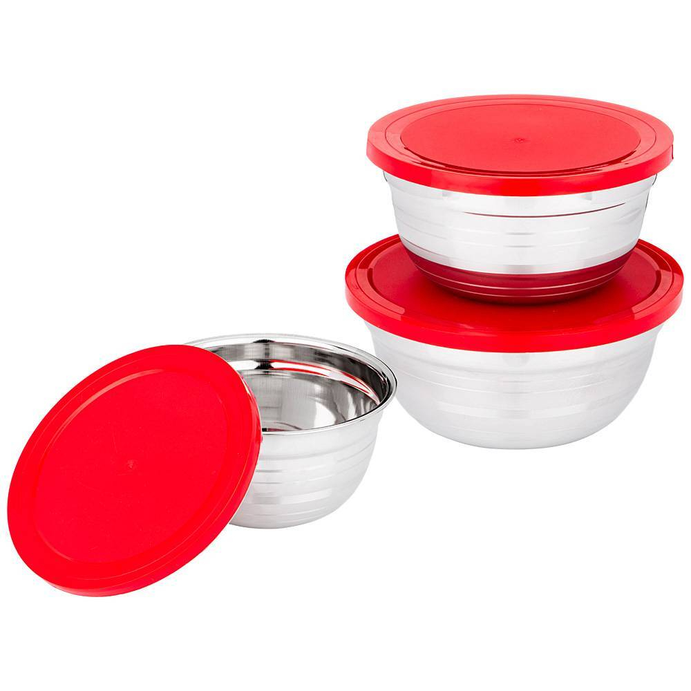 880-130 Набор мисок AGNESS с крышками 6пр 0,6/1,1/3л D=14/16/18 cм