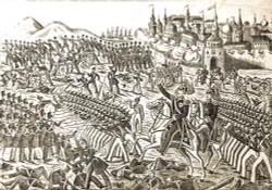 Сражение при Севастополе при большой вылазки под командою Генерал майор. Гравюра. Лубок 1867.